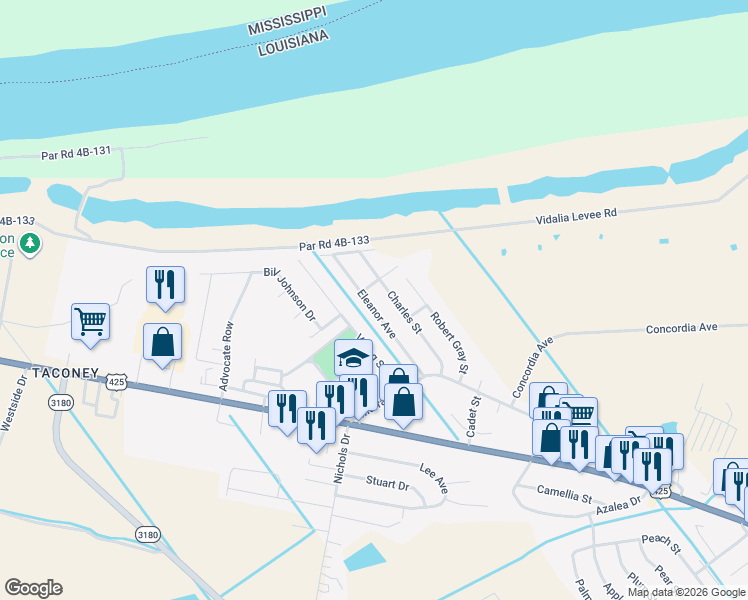 map of restaurants, bars, coffee shops, grocery stores, and more near 2057 Eleanor Avenue in Vidalia