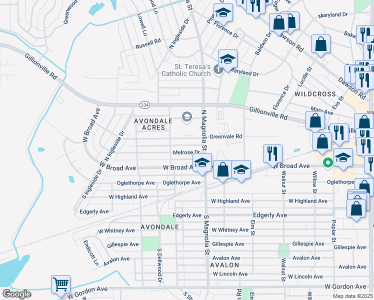 map of restaurants, bars, coffee shops, grocery stores, and more near 1711 Melrose Drive in Albany