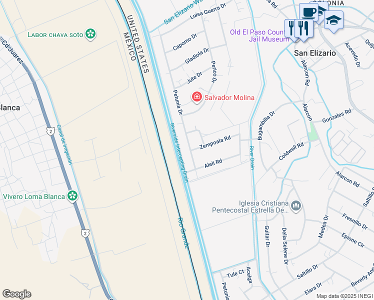 map of restaurants, bars, coffee shops, grocery stores, and more near 13043 Petunia Drive in San Elizario