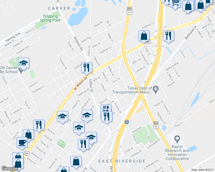 map of restaurants, bars, coffee shops, grocery stores, and more near 1409 Arra Street in Waco