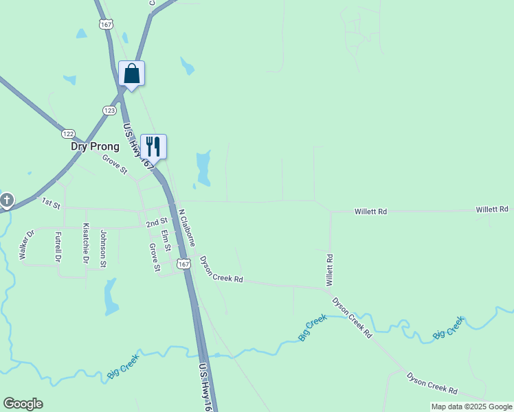 map of restaurants, bars, coffee shops, grocery stores, and more near 114 Scotty Drive in Dry Prong