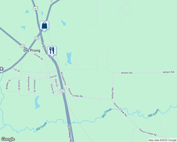 map of restaurants, bars, coffee shops, grocery stores, and more near 114 Scotty Drive in Dry Prong