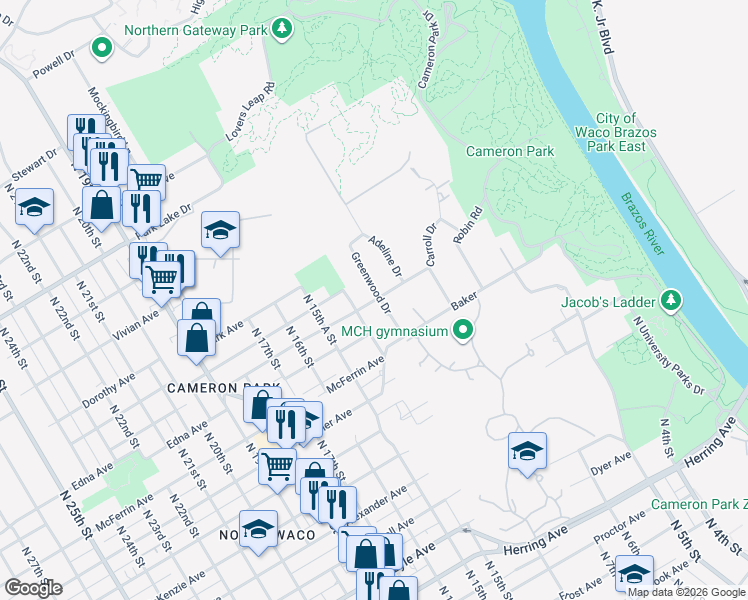 map of restaurants, bars, coffee shops, grocery stores, and more near 3301 North 15th Street in Waco
