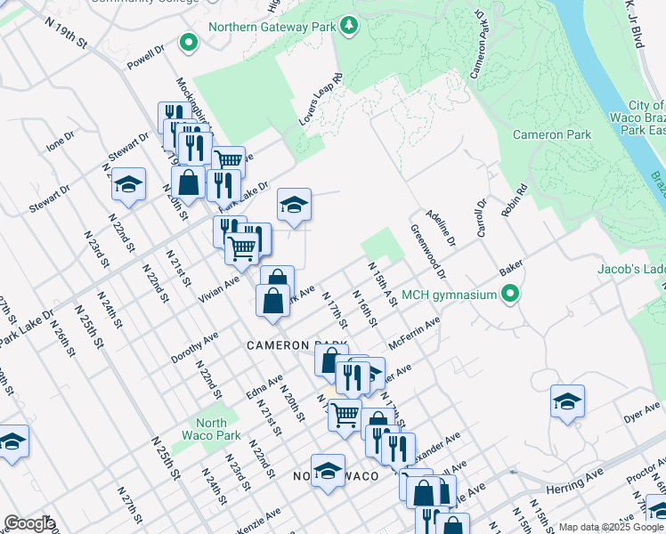 map of restaurants, bars, coffee shops, grocery stores, and more near 1619 Clark Avenue in Waco