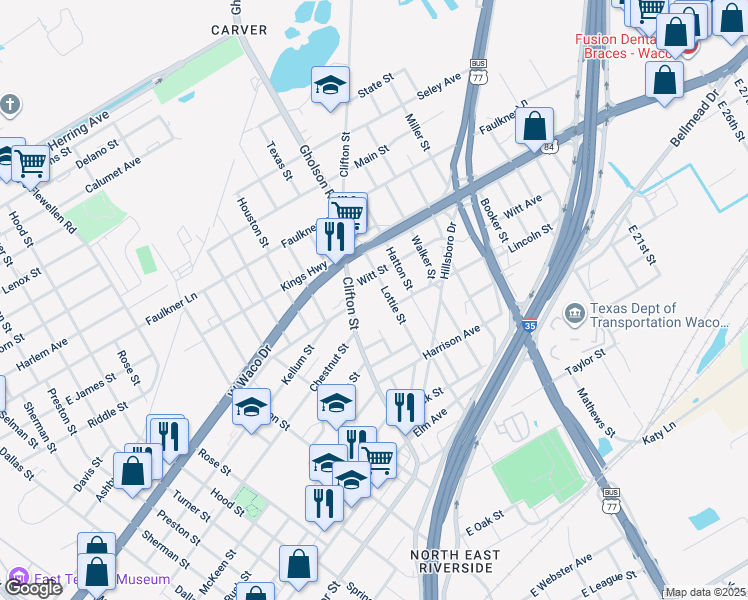 map of restaurants, bars, coffee shops, grocery stores, and more near 515 Clifton Street in Waco