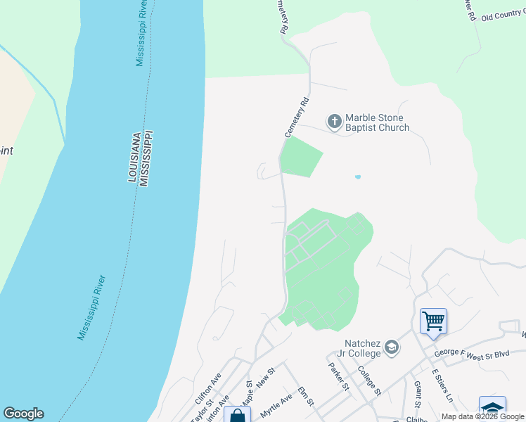 map of restaurants, bars, coffee shops, grocery stores, and more near 28 Cemetery Road in Natchez
