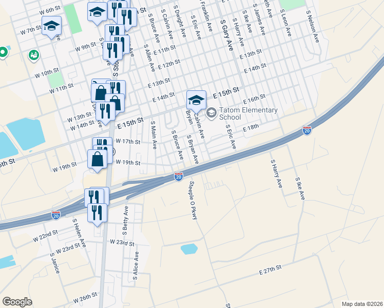 map of restaurants, bars, coffee shops, grocery stores, and more near 1801-1899 South Bryan Avenue in Monahans