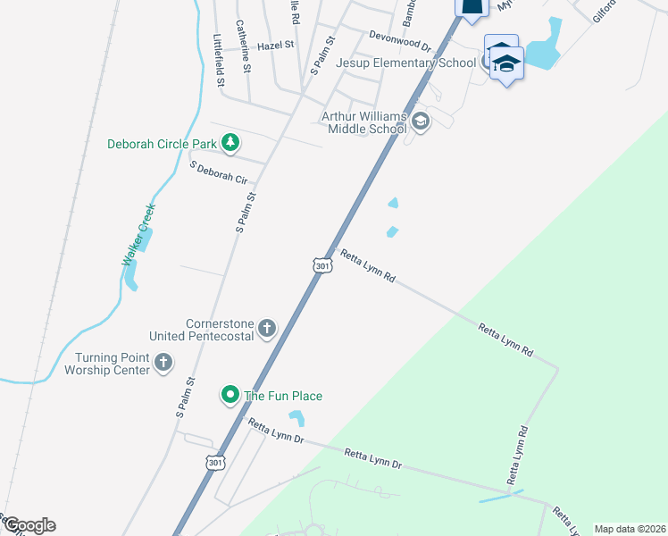 map of restaurants, bars, coffee shops, grocery stores, and more near Unnamed Road in Jesup