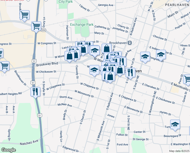 map of restaurants, bars, coffee shops, grocery stores, and more near 372 West Chickasaw Street in Brookhaven