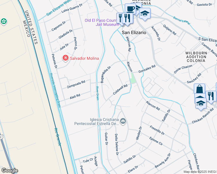 map of restaurants, bars, coffee shops, grocery stores, and more near 13113 Violeta Lane in San Elizario