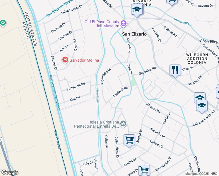 map of restaurants, bars, coffee shops, grocery stores, and more near 13113 Violeta Lane in San Elizario