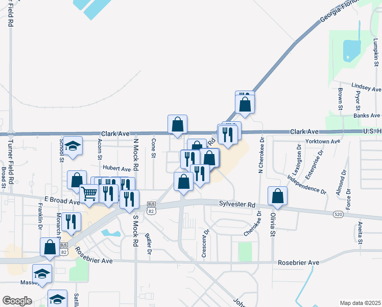 map of restaurants, bars, coffee shops, grocery stores, and more near 229 Cordele Rd in Albany