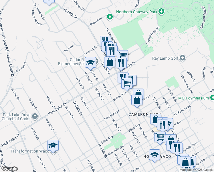 map of restaurants, bars, coffee shops, grocery stores, and more near 3704 North 21st Street in Waco