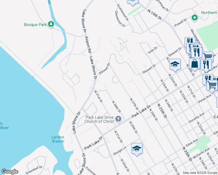 map of restaurants, bars, coffee shops, grocery stores, and more near 4117 North 30th Street in Waco