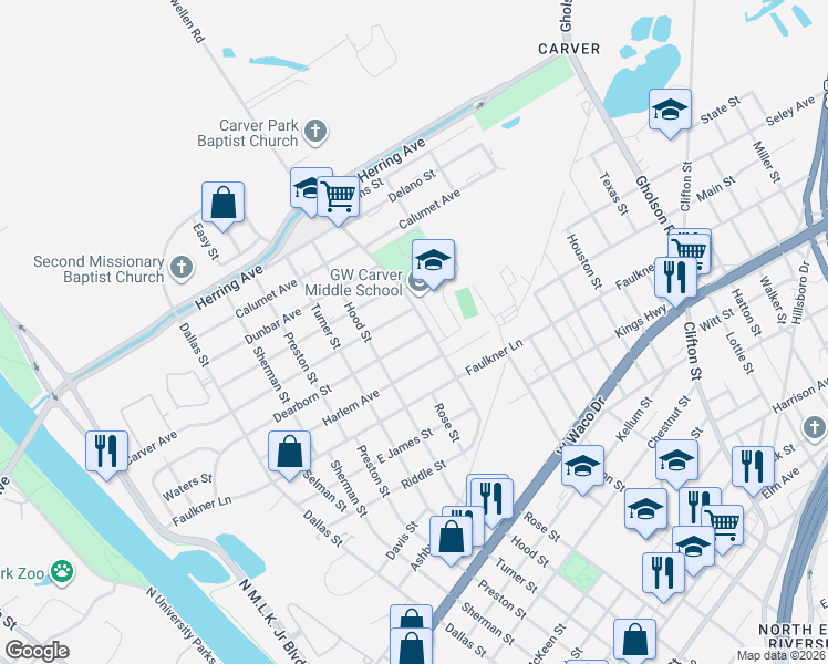 map of restaurants, bars, coffee shops, grocery stores, and more near 1005 Dearborn Street in Waco
