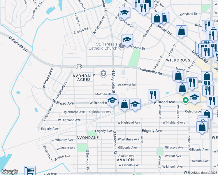 map of restaurants, bars, coffee shops, grocery stores, and more near 201-251 North Magnolia Street in Albany