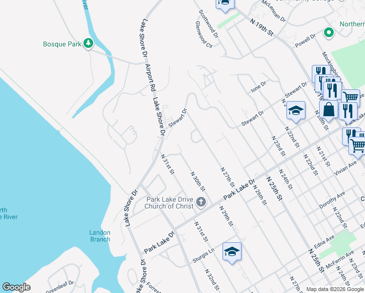 map of restaurants, bars, coffee shops, grocery stores, and more near 2724 Cherry Hill Square in Waco