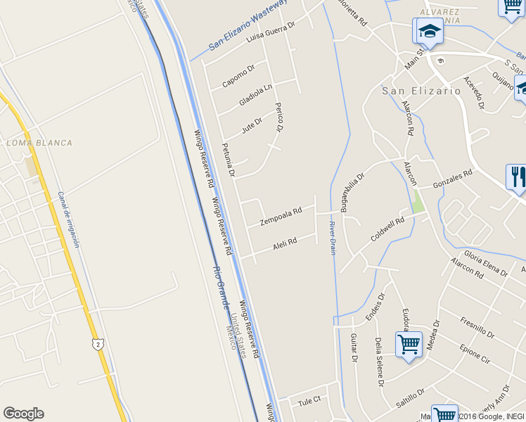 map of restaurants, bars, coffee shops, grocery stores, and more near Jasmin Lane in San Elizario