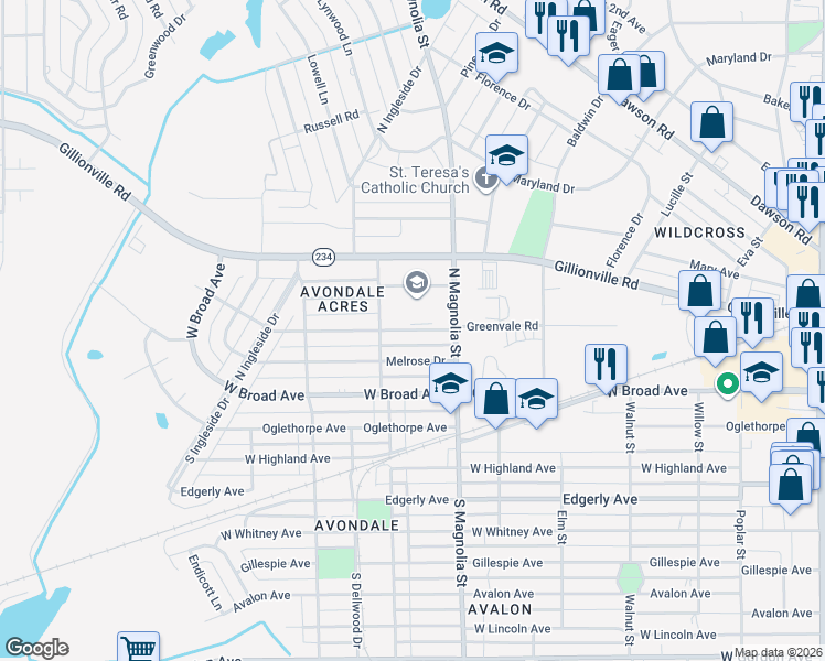 map of restaurants, bars, coffee shops, grocery stores, and more near Greenvale Road in Albany