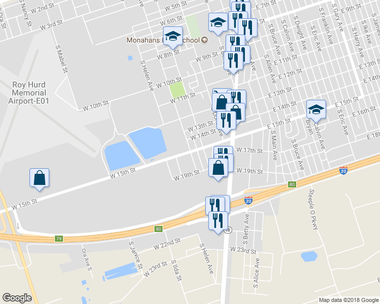 map of restaurants, bars, coffee shops, grocery stores, and more near 1499 South Gail Avenue in Monahans