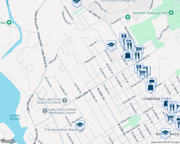 map of restaurants, bars, coffee shops, grocery stores, and more near 4001 North 25th Street in Waco