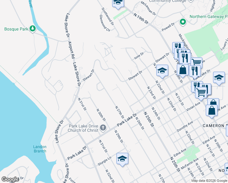 map of restaurants, bars, coffee shops, grocery stores, and more near 2621 Alvin Drive in Waco