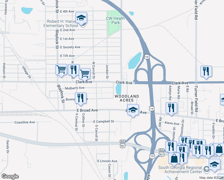 map of restaurants, bars, coffee shops, grocery stores, and more near 1418 East Mulberry Avenue in Albany