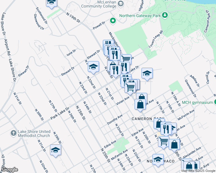 map of restaurants, bars, coffee shops, grocery stores, and more near 3801 North 21st Street in Waco