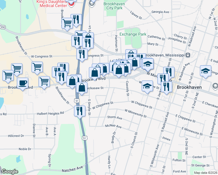 map of restaurants, bars, coffee shops, grocery stores, and more near 600 West Chickasaw Street in Brookhaven