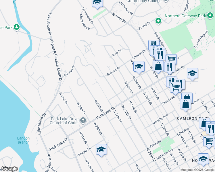 map of restaurants, bars, coffee shops, grocery stores, and more near 4108 North 25th Street in Waco