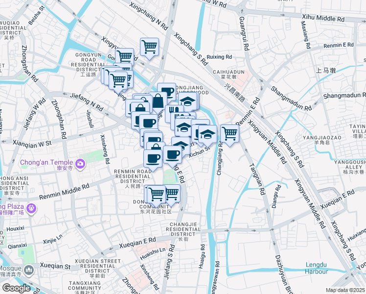 map of restaurants, bars, coffee shops, grocery stores, and more near Ren Min Dong Lu in Wu Xi Shi