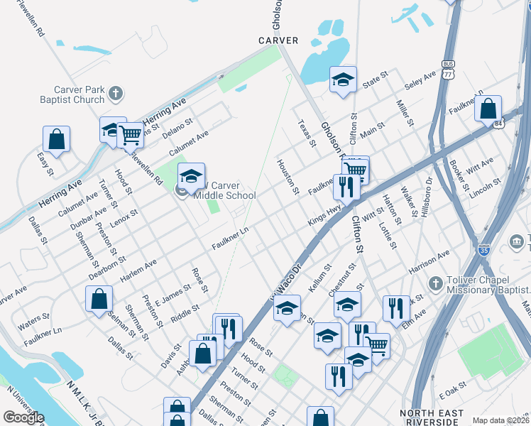 map of restaurants, bars, coffee shops, grocery stores, and more near 1004 Linn Street in Waco