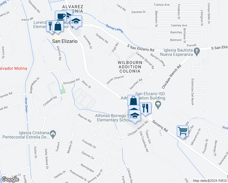 map of restaurants, bars, coffee shops, grocery stores, and more near 13071 Socorro Road in San Elizario