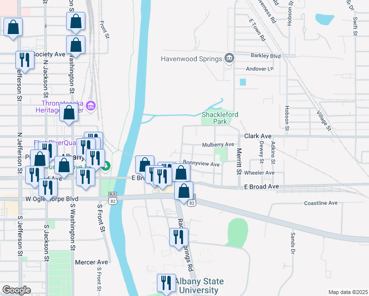 map of restaurants, bars, coffee shops, grocery stores, and more near 230 North Broadway Street in Albany