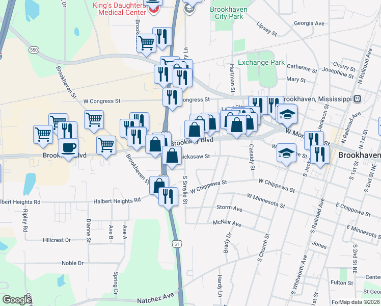 map of restaurants, bars, coffee shops, grocery stores, and more near 600-698 W Chickasaw St in Brookhaven