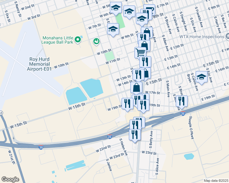 map of restaurants, bars, coffee shops, grocery stores, and more near 1401-1499 South Gail Avenue in Monahans