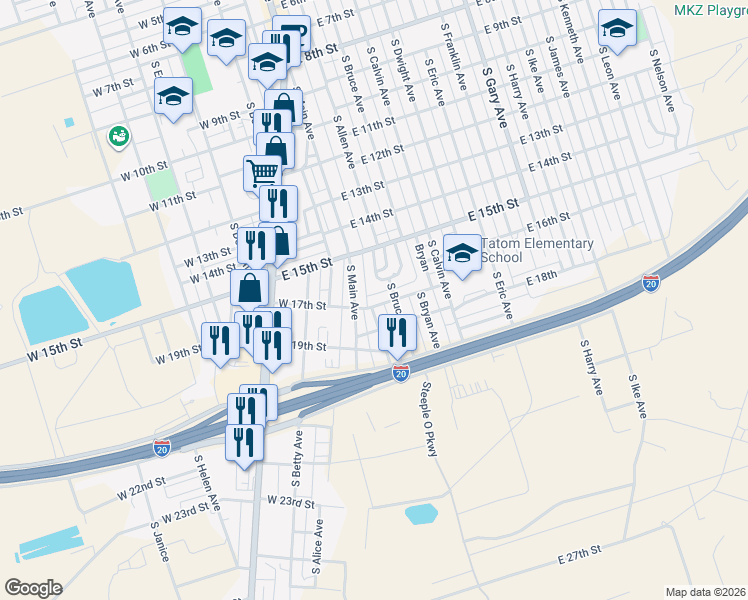 map of restaurants, bars, coffee shops, grocery stores, and more near 1649-1699 South Bruce Avenue in Monahans