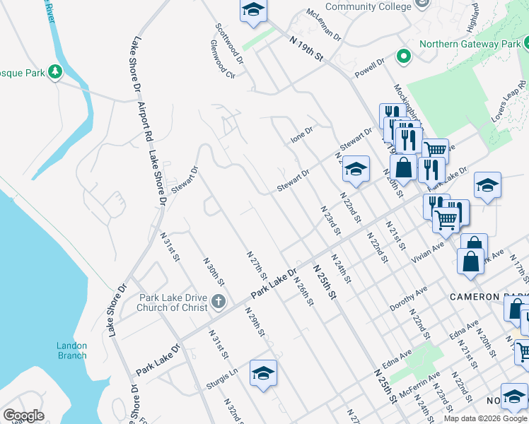 map of restaurants, bars, coffee shops, grocery stores, and more near 4108 North 25th Street in Waco
