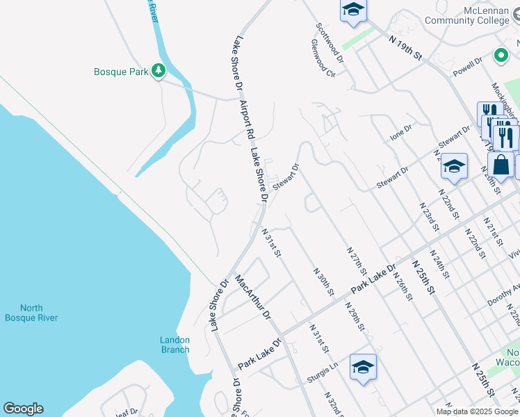 map of restaurants, bars, coffee shops, grocery stores, and more near 2910 Stewart Drive in Waco