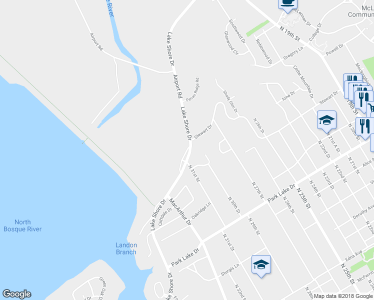 map of restaurants, bars, coffee shops, grocery stores, and more near 2906 Stewart Drive in Waco