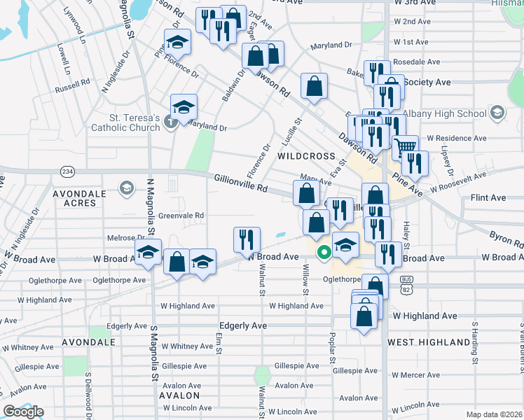map of restaurants, bars, coffee shops, grocery stores, and more near 1162 Gillionville Road in Albany