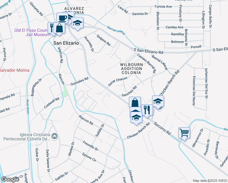 map of restaurants, bars, coffee shops, grocery stores, and more near 13071 Socorro Road in San Elizario