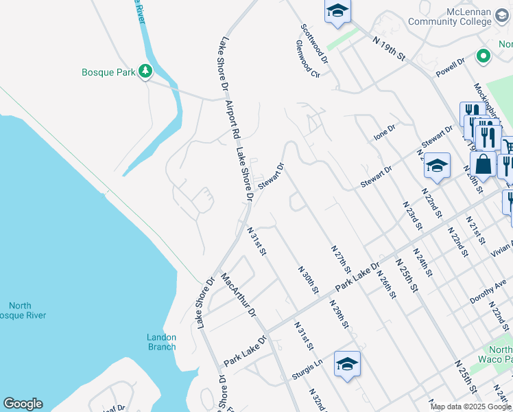 map of restaurants, bars, coffee shops, grocery stores, and more near 2908 Stewart Drive in Waco