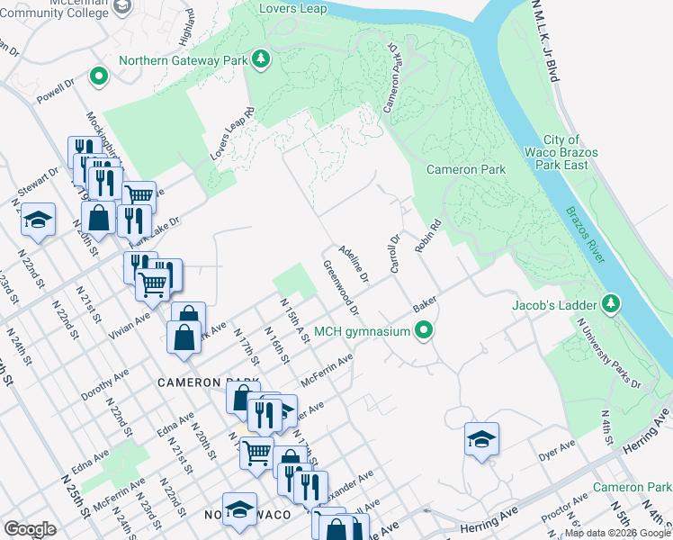 map of restaurants, bars, coffee shops, grocery stores, and more near 3405 Greenwood Drive in Waco