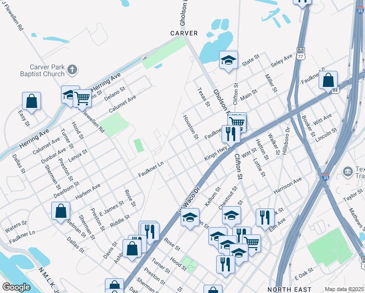 map of restaurants, bars, coffee shops, grocery stores, and more near 1004 Linn Street in Waco
