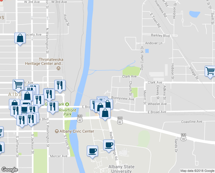 map of restaurants, bars, coffee shops, grocery stores, and more near 235 North Broadway Street in Albany