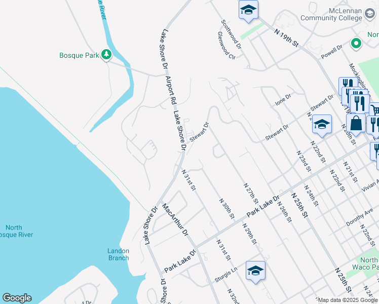 map of restaurants, bars, coffee shops, grocery stores, and more near 2912 Stewart Drive in Waco
