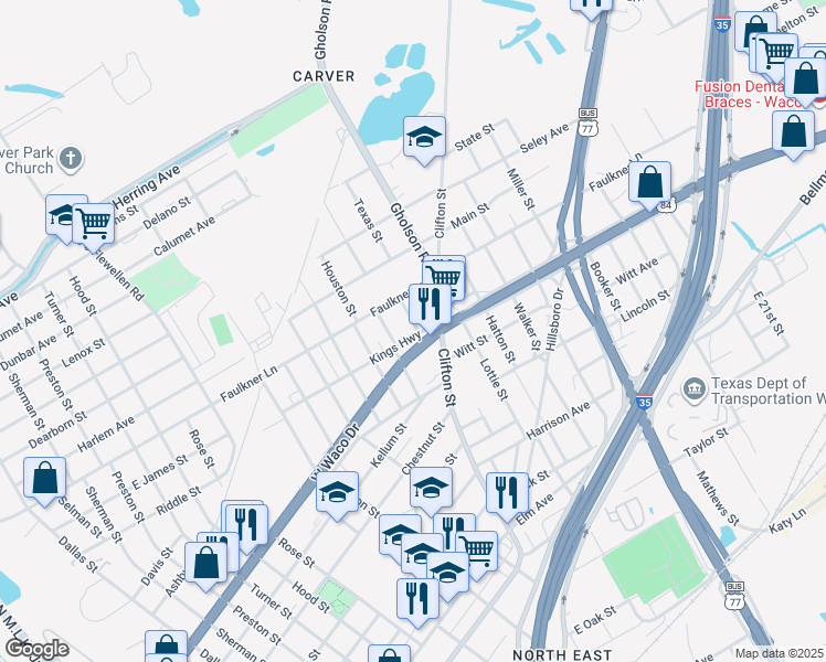 map of restaurants, bars, coffee shops, grocery stores, and more near 1312 Kings Highway in Waco