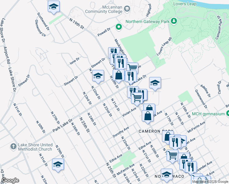 map of restaurants, bars, coffee shops, grocery stores, and more near 3801 North 21st Street in Waco
