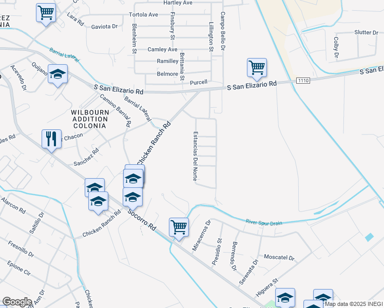 map of restaurants, bars, coffee shops, grocery stores, and more near 13413 Estancias Del Norte in San Elizario